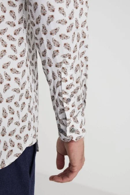 Paisley Desen İtalyan Yaka Beyaz-Kırmızı Saf Pamuk Gömlek