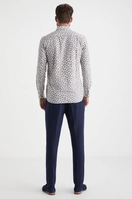 Paisley Desen İtalyan Yaka Beyaz-Kırmızı Saf Pamuk Gömlek