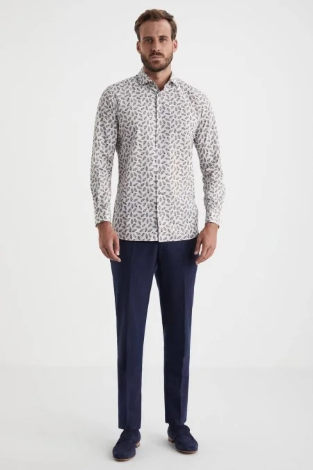 Paisley Desen İtalyan Yaka Beyaz-Kırmızı Saf Pamuk Gömlek