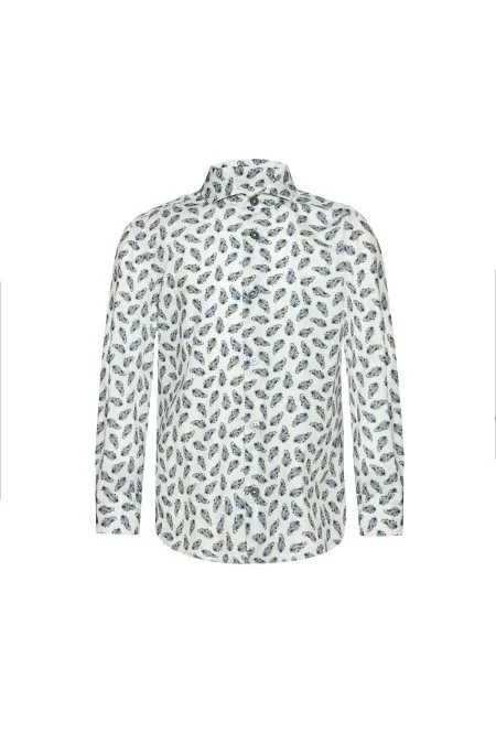 Paisley Desen İtalyan Yaka Beyaz-Mavi Saf Pamuk Çocuk Gömlek