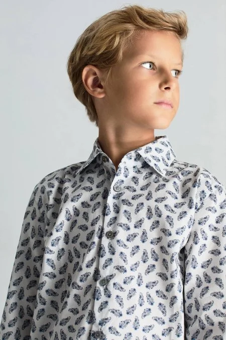 Paisley Desen İtalyan Yaka Beyaz-Mavi Saf Pamuk Çocuk Gömlek