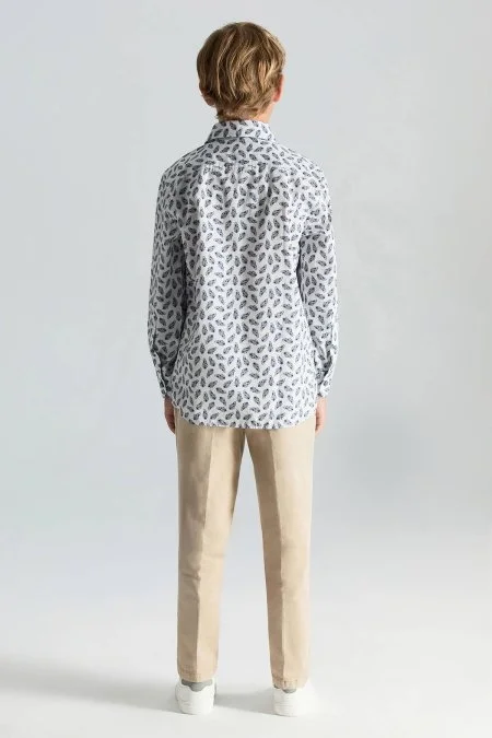 Paisley Desen İtalyan Yaka Beyaz-Mavi Saf Pamuk Çocuk Gömlek