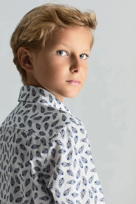 Paisley Desen İtalyan Yaka Beyaz-Mavi Saf Pamuk Çocuk Gömlek