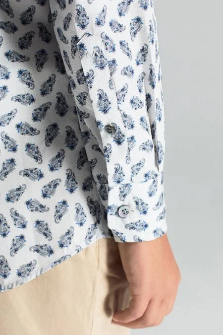 Paisley Desen İtalyan Yaka Beyaz-Mavi Saf Pamuk Çocuk Gömlek