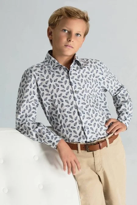 Paisley Desen İtalyan Yaka Beyaz-Mavi Saf Pamuk Çocuk Gömlek