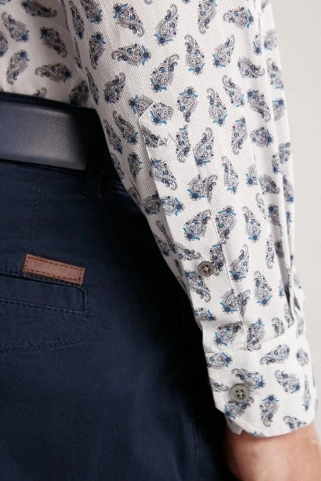 Paisley Desen İtalyan Yaka Beyaz-Mavi Saf Pamuk Gömlek