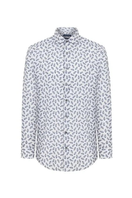 Paisley Desen İtalyan Yaka Beyaz-Mavi Saf Pamuk Gömlek