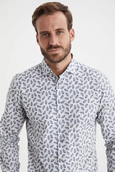 Paisley Desen İtalyan Yaka Beyaz-Mavi Saf Pamuk Gömlek