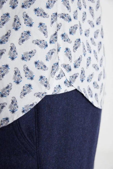 Paisley Desen İtalyan Yaka Beyaz-Mavi Saf Pamuk Gömlek