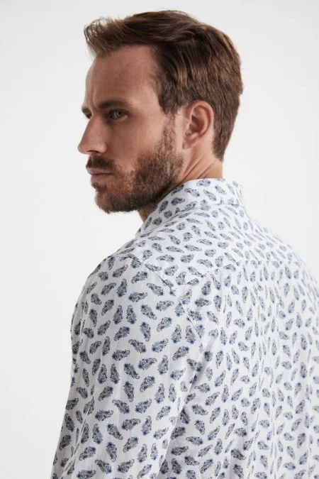 Paisley Desen İtalyan Yaka Beyaz-Mavi Saf Pamuk Gömlek