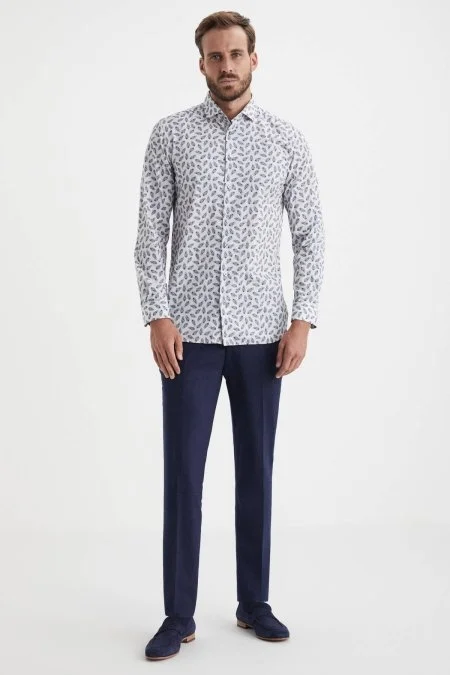 Paisley Desen İtalyan Yaka Beyaz-Mavi Saf Pamuk Gömlek