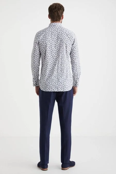 Paisley Desen İtalyan Yaka Beyaz-Mavi Saf Pamuk Gömlek