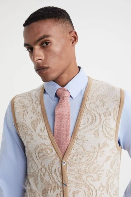 Şal Desen Camel Merino Yün Triko Yelek