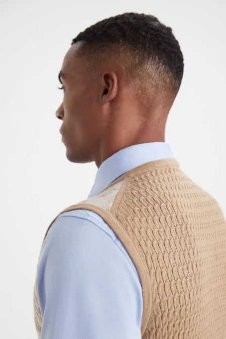 Şal Desen Camel Merino Yün Triko Yelek