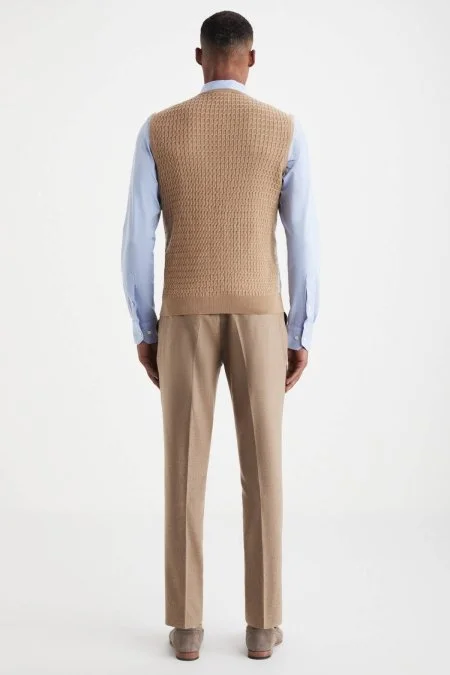 Şal Desen Camel Merino Yün Triko Yelek