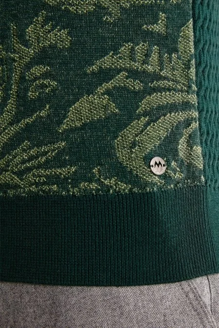 Şal Desen Koyu Yeşil Merino Yün Triko Yelek