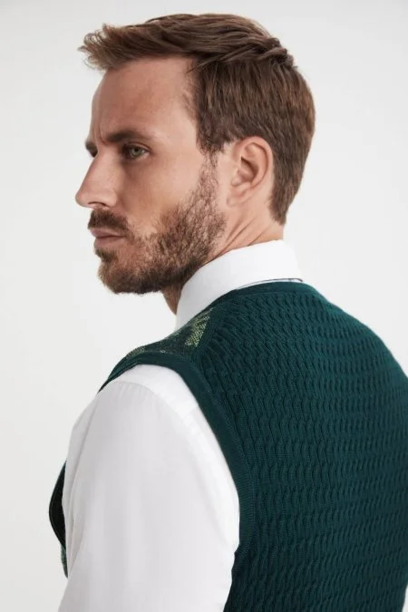Şal Desen Koyu Yeşil Merino Yün Triko Yelek