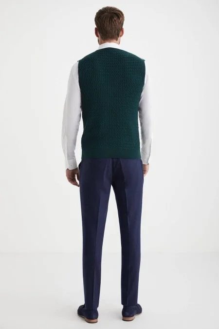 Şal Desen Koyu Yeşil Merino Yün Triko Yelek