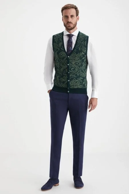 Şal Desen Koyu Yeşil Merino Yün Triko Yelek