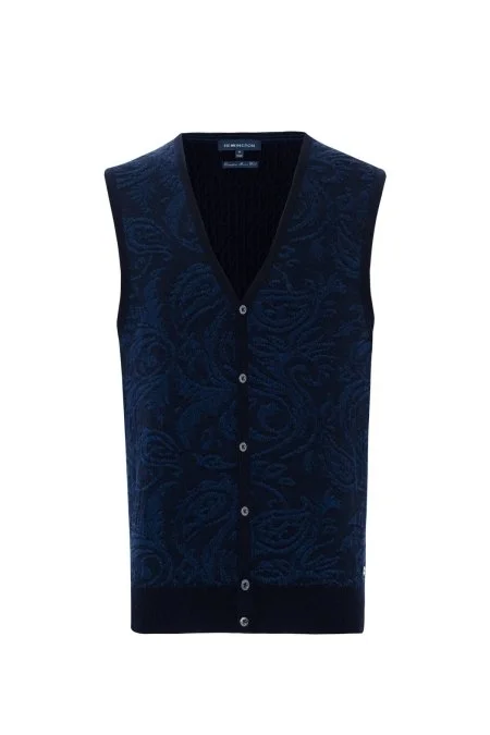 Şal Desen Lacivert Merino Yün Triko Yelek