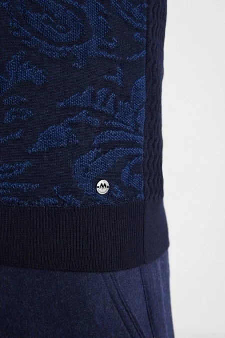 Şal Desen Lacivert Merino Yün Triko Yelek