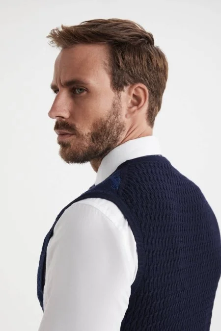 Şal Desen Lacivert Merino Yün Triko Yelek