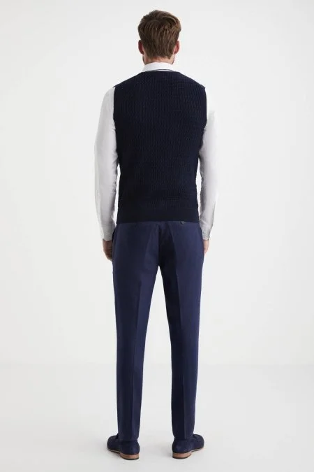 Şal Desen Lacivert Merino Yün Triko Yelek