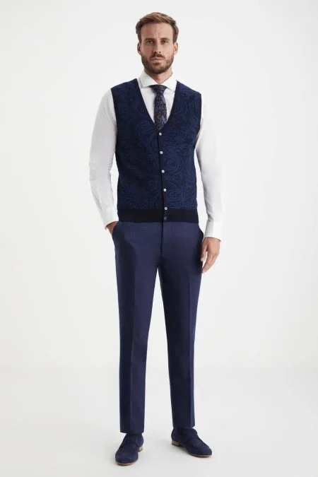 Şal Desen Lacivert Merino Yün Triko Yelek