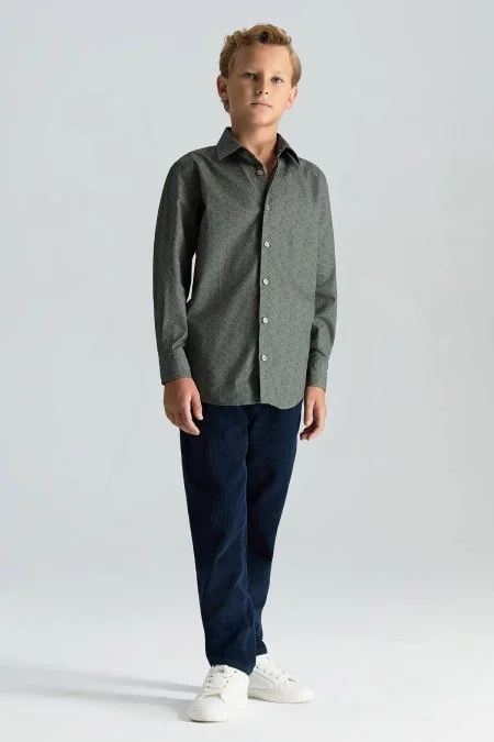 Şal Desenli Saf Pamuk Haki Çocuk Gömlek