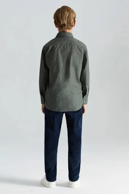 Şal Desenli Saf Pamuk Haki Çocuk Gömlek