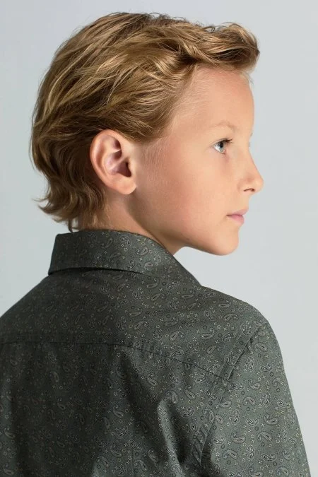 Şal Desenli Saf Pamuk Haki Çocuk Gömlek