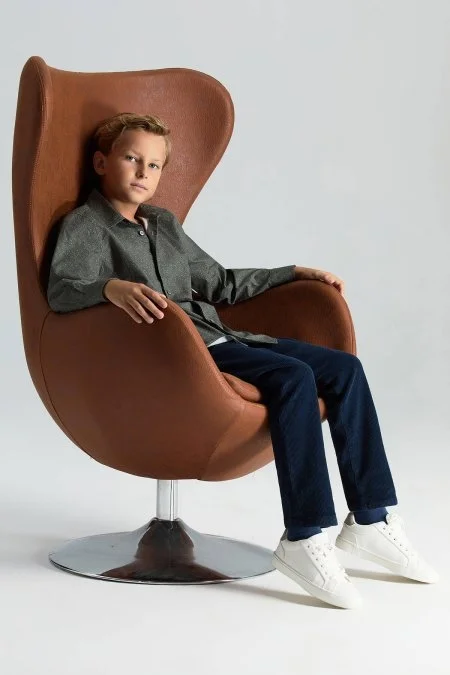 Şal Desenli Saf Pamuk Haki Çocuk Gömlek