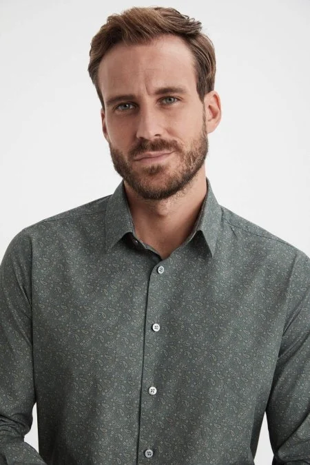 Paisley Desen Saf Pamuk Haki Gömlek