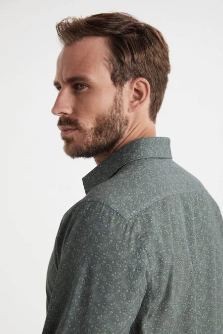 Paisley Desen Saf Pamuk Haki Gömlek