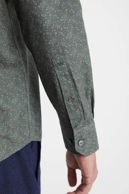 Paisley Desen Saf Pamuk Haki Gömlek