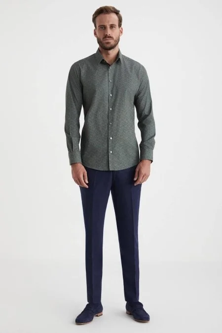 Paisley Desen Saf Pamuk Haki Gömlek