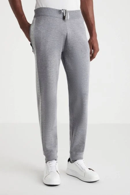 Şerit Detaylı Gri Merino Yün Spor Triko Pantolon