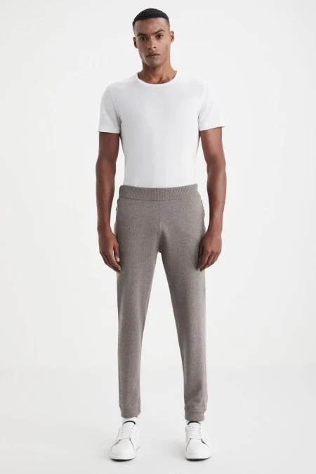 Şerit Detaylı Bej Merino Yün Spor Triko Pantolon