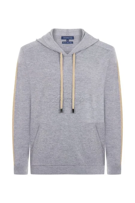 Şerit Detaylı Logolu Kapüşonlu Gri Triko Hoody