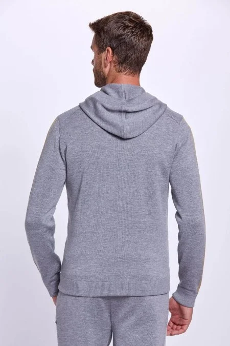 Şerit Detaylı Logolu Kapüşonlu Gri Triko Hoody