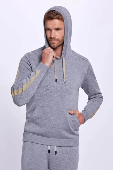 Şerit Detaylı Logolu Kapüşonlu Gri Triko Hoody