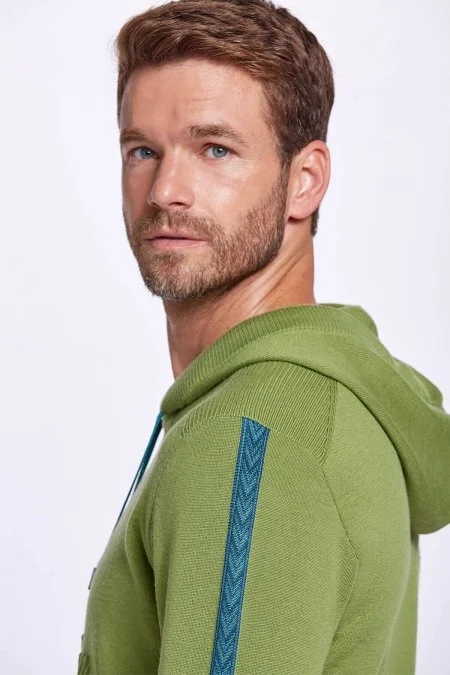 Şerit Detaylı Logolu Kapüşonlu Yeşil Triko Hoody