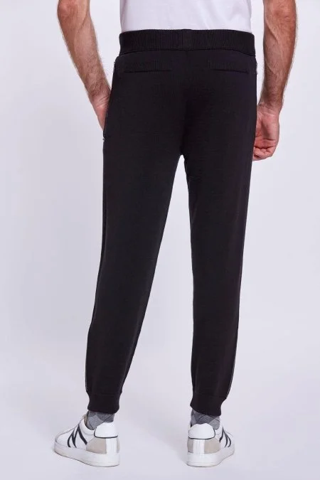Şerit Detaylı Siyah Merino Yün Spor Triko Pantolon
