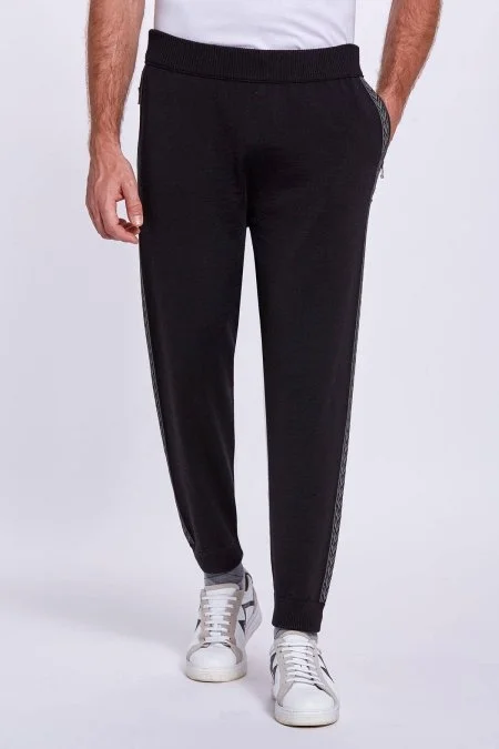 Şerit Detaylı Siyah Merino Yün Spor Triko Pantolon