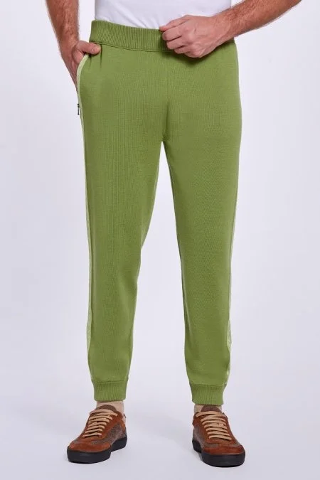 Şerit Detaylı Yeşil Merino Yün Spor Triko Pantolon