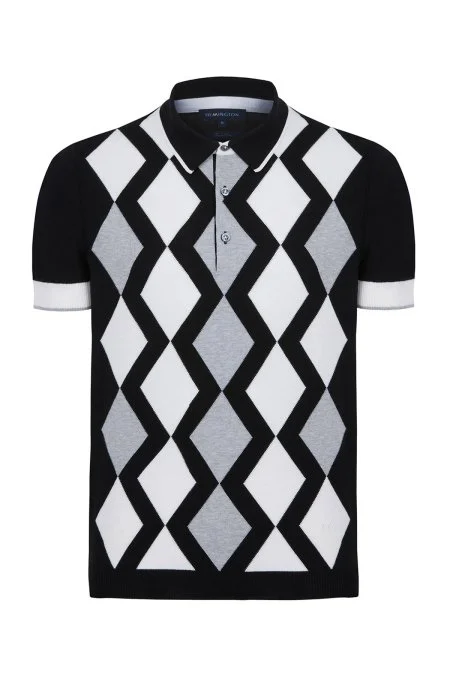 Siyah Beyaz Argyle Desen Triko Polo