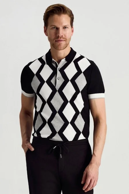 Siyah Beyaz Argyle Desen Triko Polo