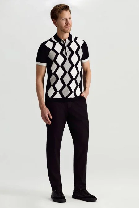 Siyah Beyaz Argyle Desen Triko Polo