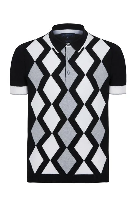 Siyah Beyaz Baklava Desen Triko Polo