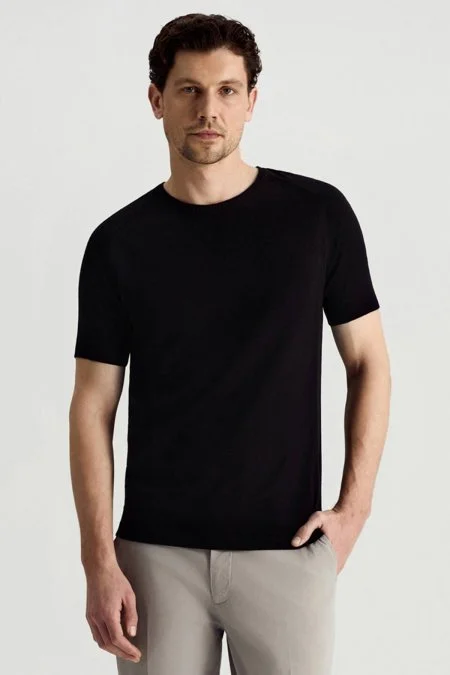 Bisiklet Yaka Siyah Giza Pamuk Triko T-Shirt